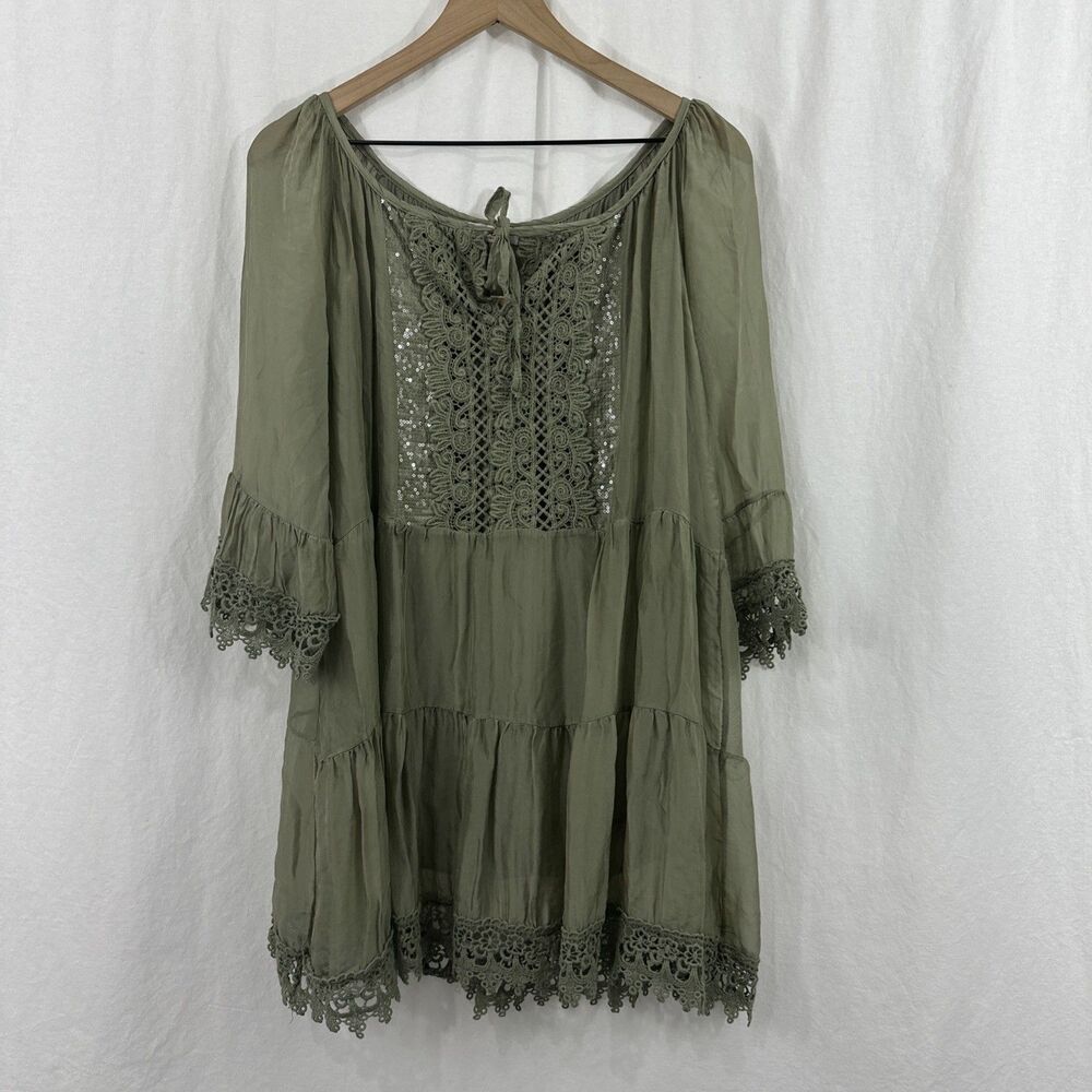 Scandal Italy Juliet Green Silk Blend Crochet Lace Flowy Tie Neck Top Womens O/S